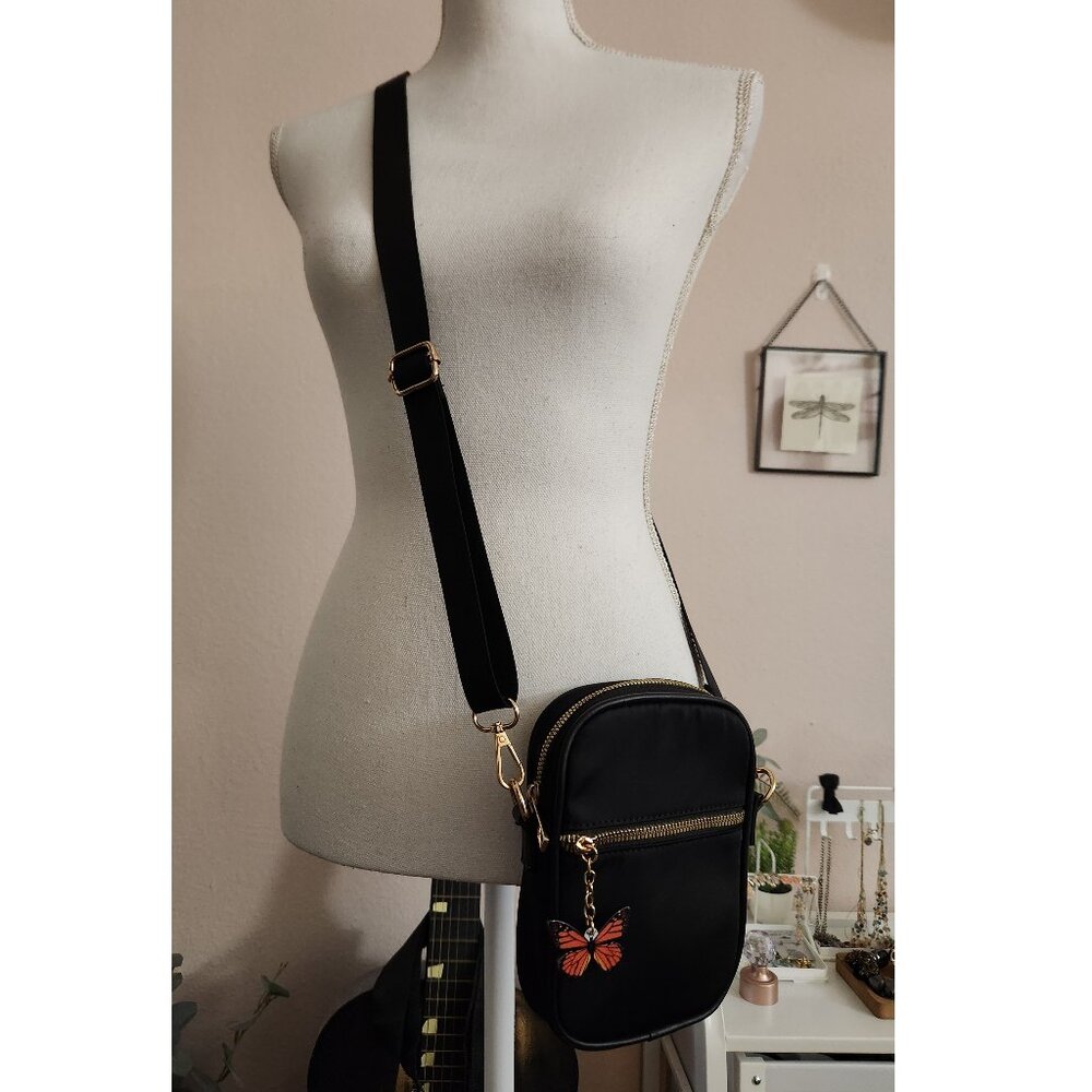 Monarch Butterfly Charm Cross Body Bag Purse Small Black